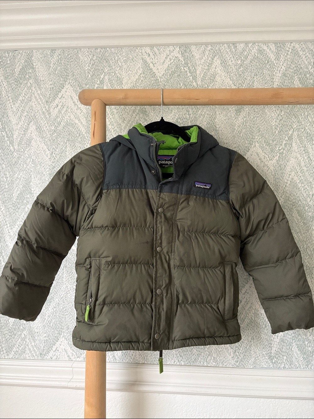 Patagonia Kids Olive Green Puffer Jacket with Hood